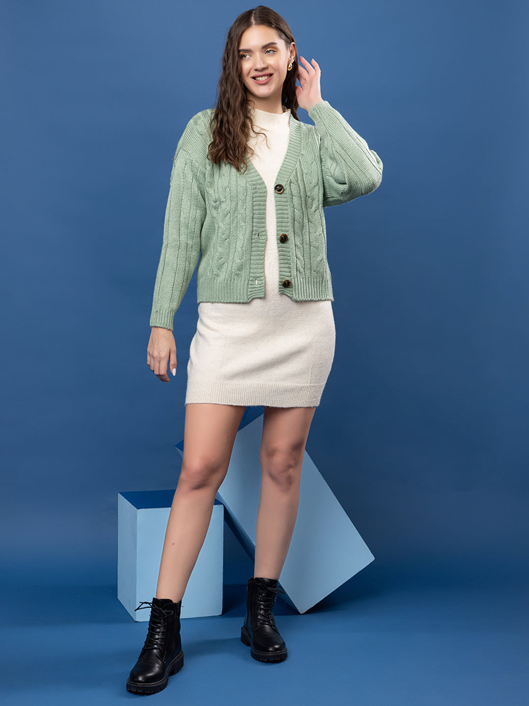 Women Woolen V-Neck 3-Button Stylish Cardigan Sweater